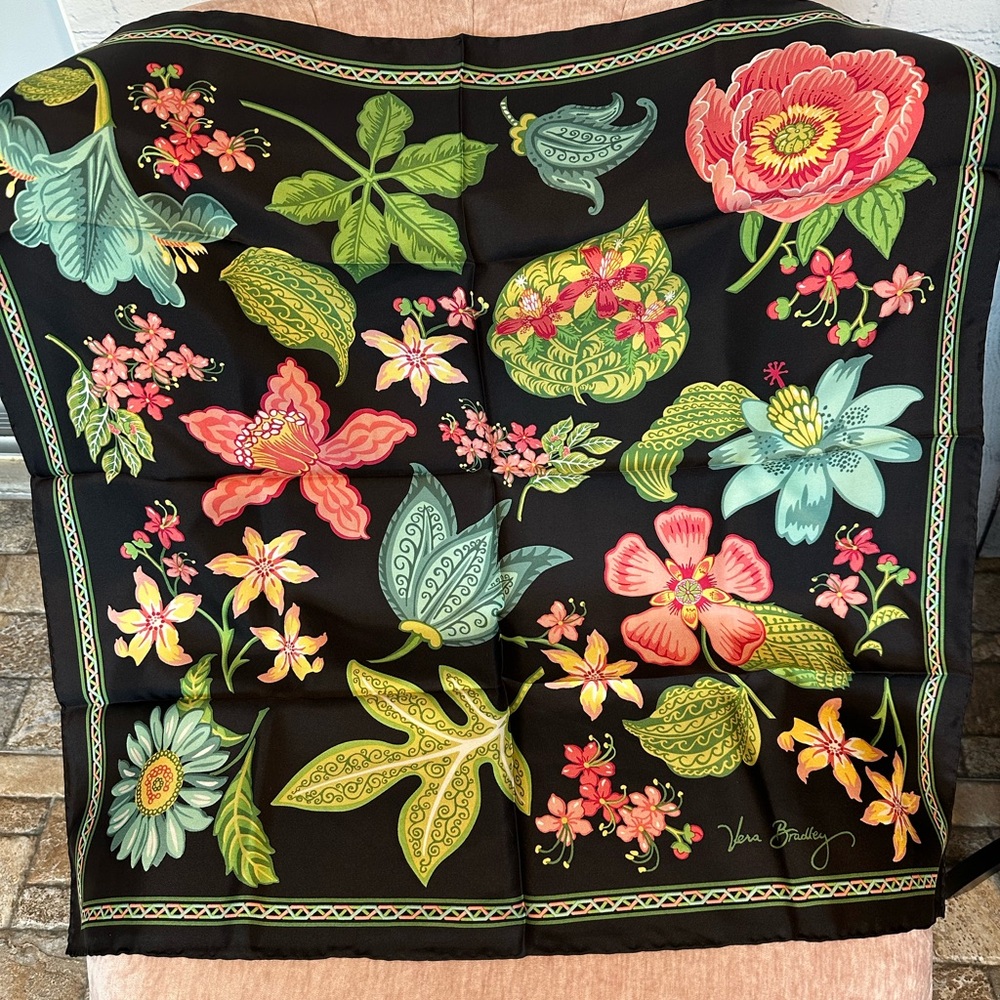 Vera Bradley Black Floral Silk Scarf, Floral Garden Black Multicolor, Vibrant